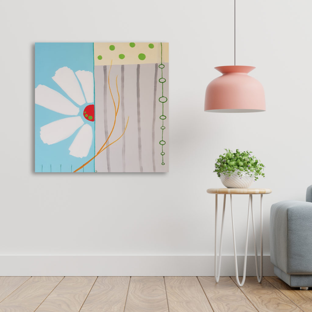 Empty living room with blue sofa, plants and table on empty whit